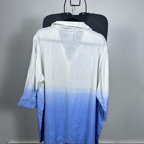 Blue and White Linen Blend Button Down Shirt - Picture 2 of 7